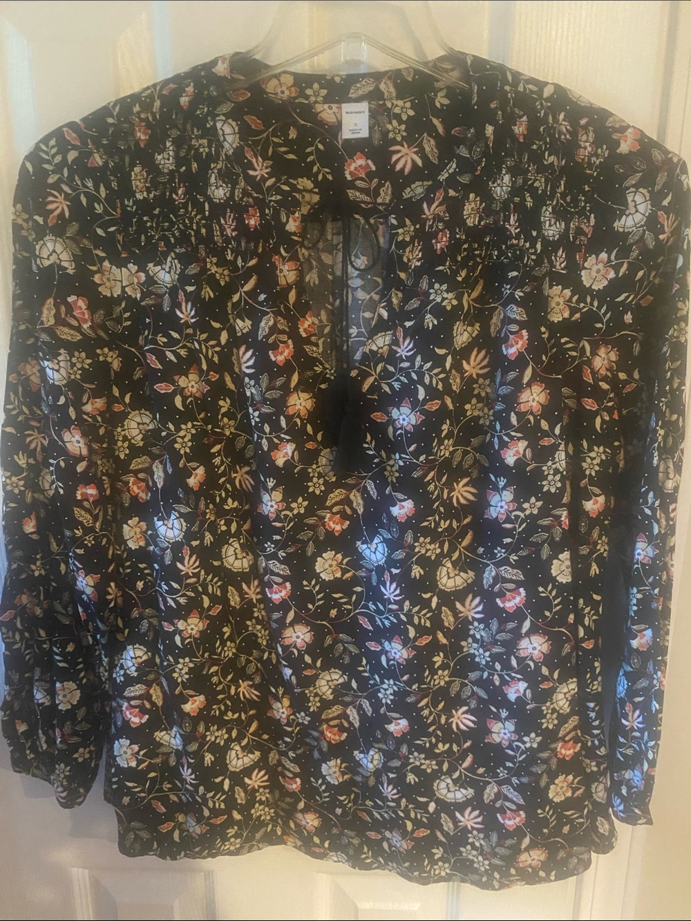 Old Navy Black Floral Tie-Neck Peasant Blouse